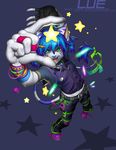  belt blue_hair blue_nose bracelet clothed clothing facial_markings feline female fingerless_gloves fur gloves glowstick green_eyes hair hairclip j_axer jewelry looking_at_viewer lue mammal markings necklace open_mouth pants shirt simple_background star stars white_fur 