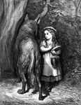  ambiguous_gender canine clothed clothing detailed_background dress engraving eye_contact female feral fluffy_tail food fur greyscale grimms&#039;_fairy_tails grimms'_fairy_tails gustave_dor&#233; gustave_dore hair hat holding human little_red_riding_hood long_hair mammal monochrome outside proper_art shoe signature standing traditional_media tree wolf wood young 