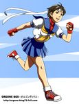  ahoge brown_eyes brown_hair fingerless_gloves gloves headband kasugano_sakura open_mouth puffy_sleeves running school_uniform serafuku short_hair short_sleeves skirt solo street_fighter yas 