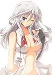  ;) alisa_ilinichina_amiella blue_eyes breasts cleavage closed_mouth collarbone god_eater god_eater_2:_rage_burst grey_hair highres ka2 large_breasts long_hair looking_at_viewer navel no_bra one_eye_closed open_clothes open_shirt shirt simple_background sleeveless smile solo underboob vest white_background white_hair 
