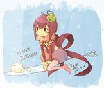  ahoge blush butter_knife daphine78805 happy_birthday hat knife lowres mini_hat minigirl original purple_hair red_eyes riding short_hair smile solo 