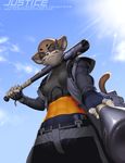  abs baseball_bat brown_eyes brown_fur clothed clothing eyewear facial_markings feline female fur glasses gloves j_axer jacket justice looking_at_viewer mammal markings muscles muscular_female simple_background solo sun tomboy 