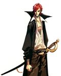 1boy black_jacket facial_hair frown jacket male male_focus one_piece open_collar pirate red_hair scar shanks sheathed_sword shirt simple_background solo standing stubble sword weapon white_background white_shirt 
