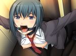  1girl bdsm black_hair blue_eyes blue_hair bondage bound bra bra_lift breasts collar gag game_cg indoors kan-in_tokkyuu_matsuba kneeling necktie nipples open_clothes open_shirt ring_gag sakurajima_saromako shimizu_akane shirt slave solo suspension tsurumiku underwear 