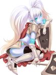  aqua_eyes armor blue_skin cape devildogs gauntlets high_heels highres league_of_legends long_hair mace midriff pointy_ears poppy shield shoes solo thighhighs twintails warhammer weapon white_hair yordle 