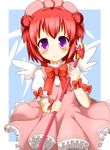  akaza_akari cardcaptor_sakura cosplay double_bun dress faubynet fuuin_no_tsue hat highres kinomoto_sakura kinomoto_sakura_(cosplay) md5_mismatch pink_hat purple_eyes red_hair short_hair solo wand wings yuru_yuri 