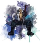  1boy abs boots character_name cigar full_body fur_trim gloves jacket jitte looking_at_viewer male male_focus marine muscle one_piece open_clothes open_jacket sitting smoker smoking solo splatter weapon white_hair 