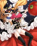  absurdres animal_hat apple bad_id bad_pixiv_id black_legwear boots brown_hair food fruit hat highres leotard long_hair long_legs mawaru_penguindrum nanairo princess_of_the_crystal red_eyes takakura_himari thigh_boots thighhighs 