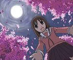  azumanga_daiou brown_eyes brown_hair cherry_blossoms from_below kasuga_ayumu looking_at_viewer lowres moon morichan open_mouth pleated_skirt school_uniform skirt sky solo 