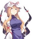  arms_behind_back blonde_hair blush breasts colorized dress gap hair_ribbon hat hat_ribbon large_breasts long_hair looking_at_viewer open_mouth purple_eyes ribbon rioshi solo tabard touhou white_dress yakumo_yukari 