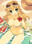  arm_support bad_id bad_pixiv_id bare_shoulders beach bikini blonde_hair blush breasts cleavage enomoto_hina eyewear_on_head flip-flops flower from_above green_bikini green_eyes hat heart hibiscus hoshii_miki idolmaster idolmaster_(classic) jewelry large_breasts long_hair navel necklace open_mouth partially_submerged sandals shiny shiny_skin sitting smile solo straw_hat striped sunglasses swimsuit vertical-striped_bikini vertical_stripes water wet 