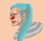  1boy blue_hair buggy_the_clown facial_mark facial_markings lipstick long_hair makeup male male_focus one_piece ponytail prison_clothes prisoner red_nose shirt solo striped striped_shirt tattoo 