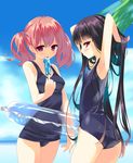  arikawa_satoru armpits arms_up black_hair blush cloud day food holding ice_cream innertube inu_x_boku_ss leaf licking long_hair multiple_girls one-piece_swimsuit outstretched_arms pink_hair purple_eyes roromiya_karuta school_swimsuit shirakiin_ririchiyo short_hair sky swimsuit twintails 