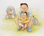  doraemon doraemon_(character) father_and_son hug hug_from_behind multiple_boys nobi_nobisuke nobi_nobita yoneemon 