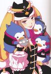  animal_hat bare_shoulders bird brown_hair cd clothes_writing elbow_gloves employee_uniform gloves hat headphones highres hmv hoshino_lily long_hair mawaru_penguindrum official_art penguin penguin_1-gou penguin_2-gou penguin_3-gou pink_eyes princess_of_the_crystal promotional_art scan takakura_himari uniform 