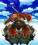  armor beard black_hair bull cape chariot chibi facial_hair fate/zero fate_(series) gordius_wheel kikuyarou male_focus multiple_boys parody pointing red_hair reins rider_(fate/zero) sword waver_velvet weapon 