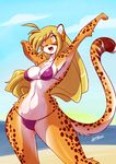  anthro beach bikini blonde_hair breasts chalo cheetah cleavage clothed clothing feline female hair long_hair mammal mihari open_mouth pose seaside skimpy solo spots swimsuit wide_hips 