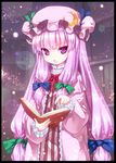  bad_id bad_pixiv_id book border crescent dress hat holding holding_book kiira long_hair low-tied_long_hair open_book patchouli_knowledge purple_eyes purple_hair solo touhou 