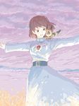  belt blue_dress brown_hair dress kaze_no_tani_no_nausicaa nausicaa outstretched_arms pale_color sakai_yume short_hair sky solo spread_arms teto 