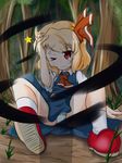  ascot bandages blonde_hair child forest hair_ribbon nature nori_nori_ex one_eye_closed panties red_eyes ribbon rumia short_hair short_sleeves solo star tears touhou tree underwear white_panties wince 