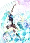  bad_id bad_pixiv_id black_legwear blue_hair checkered checkered_floor digital_dissolve elbow_gloves fingerless_gloves gloves hatsune_miku highres holding kakage long_hair microphone open_mouth outstretched_arm skirt solo speaker thighhighs twintails very_long_hair vocaloid 