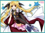  :d ass bare_shoulders blonde_hair boots bow cape fate_testarossa gloves hair_bow kanna_(plum) long_hair lyrical_nanoha mahou_shoujo_lyrical_nanoha mahou_shoujo_lyrical_nanoha_a's mahou_shoujo_lyrical_nanoha_the_movie_2nd_a's open_mouth red_eyes sitting skirt smile solo star thighhighs twintails 
