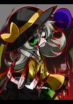  absurdres asymmetrical_eyes blood claws closed_eyes constricted_pupils green_eyes hat heart highres komeiji_koishi long_sleeves nosada sharp_teeth short_hair silver_hair solo teeth third_eye touhou wide_sleeves 