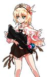  alice_margatroid alphes_(style) assault_rifle atelier_(series) atelier_rorona bad_id bad_pixiv_id blonde_hair bow bullpup capelet cosplay dress fn_f2000 frills gem green_eyes gun hat jewelry parody pendant rifle rororina_fryxell rororina_fryxell_(cosplay) solo style_parody touhou towie transparent_background weapon wings 