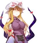  arms_behind_back bad_id bad_pixiv_id blonde_hair blush breasts colorized dabadhi dress gap hair_ribbon hat hat_ribbon highres large_breasts long_hair looking_at_viewer open_mouth purple_eyes ribbon rioshi solo tabard touhou white_dress yakumo_yukari 