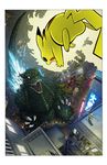  battle black_eyes city claws crossover daikamonohashi electricity elesa fur glowing godzilla godzilla_(series) green_skin human japanese_text kaiju mammal nintendo pikachu pok&#233;mon pok&eacute;mon scales size_difference spines stripes teeth text video_games yellow yellow_fur 