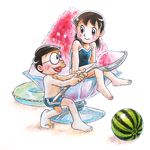  1girl doraemon food fruit glasses male_swimwear minamoto_shizuka nobi_nobita one-piece_swimsuit oversized_object shaved_ice spoon swim_trunks swimsuit swimwear twintails watermelon yoneemon 