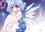  bare_legs blue_hair blush bow cirno hair_bow highres ice ice_wings puffy_sleeves purple_eyes short_sleeves smile solo tears touhou translated usagiya-shiina wings 