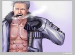  1boy abs border cigar fur_trim gloves jacket male male_focus marine muscle one_piece open_clothes open_jacket simple_background smoke smoker smoking solo weapon white_hair 
