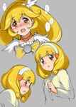  :o blonde_hair blush bow brown_eyes cardigan character_sheet cure_peace grey_background hair_flaps hairband kise_yayoi multiple_views open_mouth precure school_uniform seki_suzume sketch smile_precure! sweat white_hairband yellow_bow 