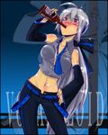  abe_takakazu alcohol artist_request blush bottle cameo drunk headphones kuso_miso_technique long_hair midriff pants red_eyes silver_hair solo tight tight_pants vocaloid voyakiloid wine yaranaika yowane_haku 