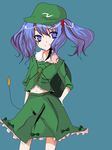  blue_eyes blue_hair cattail hair_bobbles hair_ornament hat kawashiro_nitori midriff navel plant solo touhou twintails two_side_up 