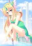  barefoot blonde_hair blush feet green_eyes helmet long_hair polearm riesz saki_chisuzu seiken_densetsu seiken_densetsu_3 sitting soaking_feet solo spear tears v_arms very_long_hair water weapon winged_helmet 