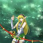  armor arrow artist_request blonde_hair bow_(weapon) bracer choker culdcept earrings elf green_eyes jewelry kigi long_hair pointy_ears quiver solo weapon 