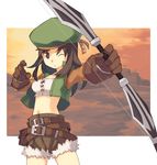  bow_(weapon) brown_hair fantasy_earth_zero gloves hat midriff navel one_eye_closed scout_(fez) shorts solo tanaka_(cow) weapon 