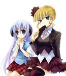  beatrice blazer blonde_hair blue_eyes blush company_connection creator_connection crossover eating hanyuu higurashi_no_naku_koro_ni horns jacket long_hair multiple_girls necktie pink_neckwear purple_eyes purple_hair school_uniform suzushiro_kurumi thighhighs umineko_no_naku_koro_ni zettai_ryouiki 