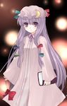  :o blush book bow frills hair_bow hat holding holding_book long_hair looking_at_viewer mob_cap parted_lips patchouli_knowledge purple_eyes purple_hair red_bow sakaki_chihiro solo standing touhou very_long_hair 