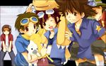  agumon angry bokomon brown_eyes brown_hair daimon_masaru digimon digimon_adventure digimon_adventure_02 digimon_frontier digimon_savers digimon_tamers goggles jewelry kanbara_takuya kurot male_focus matsuda_takato motomiya_daisuke multiple_boys necklace neemon saliva sleeping smile spiked_hair yagami_taichi 