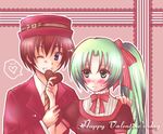  1girl blue_eyes blush brown_hair chocolate couple green_eyes green_hair happy_valentine hazuki_megumi hetero higurashi_no_naku_koro_ni maebara_keiichi pink ponytail red ribbon sonozaki_mion valentine 