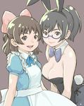  animal_ears aoi_minamo bare_shoulders black_hair bow bowtie breasts brown_hair bunny_ears bunny_girl bunny_tail bunnysuit cleavage glasses hair_bow holon large_breasts multiple_girls muuten pantyhose pink_bow ponytail real_drive ribbon smile tail 