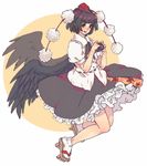  black_hair black_wings blush camera full_body hat looking_at_viewer open_mouth shameimaru_aya shizumi_satou short_hair smile solo touhou wings 