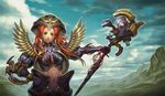  armor copyright_request heterochromia long_hair midriff nariann orange_hair science_fiction solo staff wings 