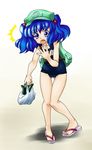  backpack bag blue_eyes blue_hair cucumber hair_bobbles hair_ornament highres kawashiro_nitori name_tag one-piece_swimsuit raionsan sandals school_swimsuit short_hair solo swimsuit touhou two_side_up 