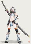  bandeau boots detached_sleeves flat_chest hironox horn huge_weapon kirin_(armor) loincloth long_hair midriff monster_hunter ootachi sheath sheathed solo strapless sword thighhighs tubetop weapon white_hair 