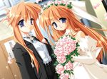  artist_request blue_eyes bouquet bride dress flower formal game_cg long_hair multiple_girls niji_no_kanata_ni orange_hair pant_suit suit wedding_dress wife_and_wife yuri 