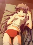  clannad double_vertical_stripe fujibayashi_kyou gym_uniform kohinata_sora midriff shirt_lift solo thighhighs 